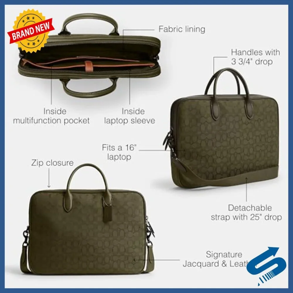 Leather Work Bag with Laptop Sleeve, Detachable Strap, Professional Briefcase